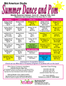 Summer Dance and Pom Class Schedule at Mid American Studio Dance School in Farmington Hills