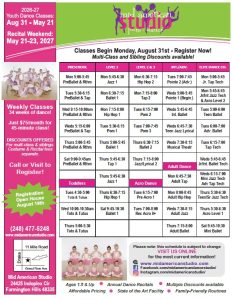 2026-27 dance schedule with Musical Theatre dancers and ballerinas in pink tutus